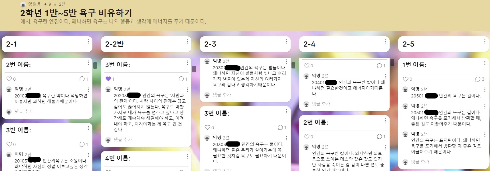 ▲강의 후 각자 욕구를 비유하게 하여 욕구에 대한 다양한 관점을 공유했다.