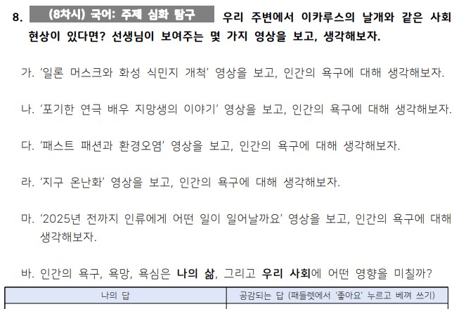 ▲‘욕구’에 대한 생각을 더 풍성하게 하기 위한 수업 활동지