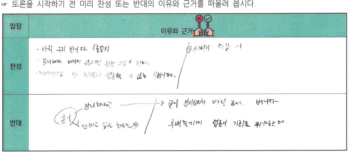 토론 전 이유와 근거 구상 활동지